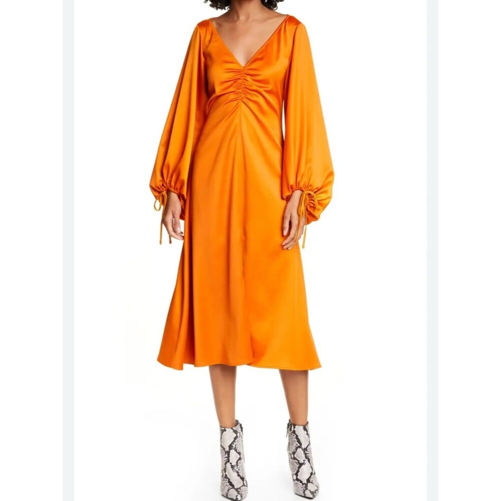 STAUD Sofia Long Balloon Sleeve Orange Satin Midi Dress size 0